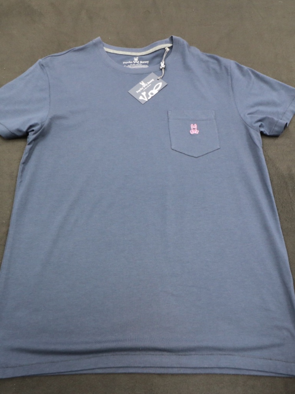 Psycho Bunny Blue Pocket Tee with Pink Bunny Emblem